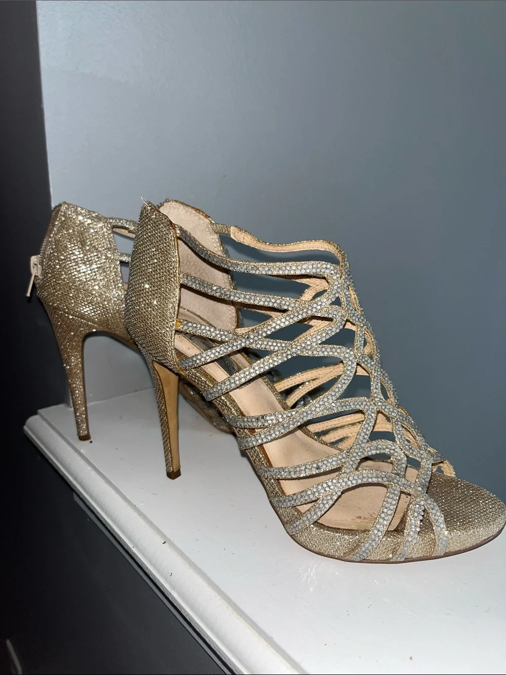 INC International Concepts Gold Crystal Cutout Heeled Sandals